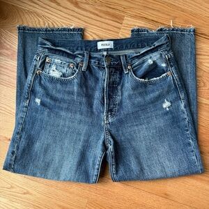 Pistola Crop Jeans in Medium Blue with Raw Hem and Slight Distressed, Size 29